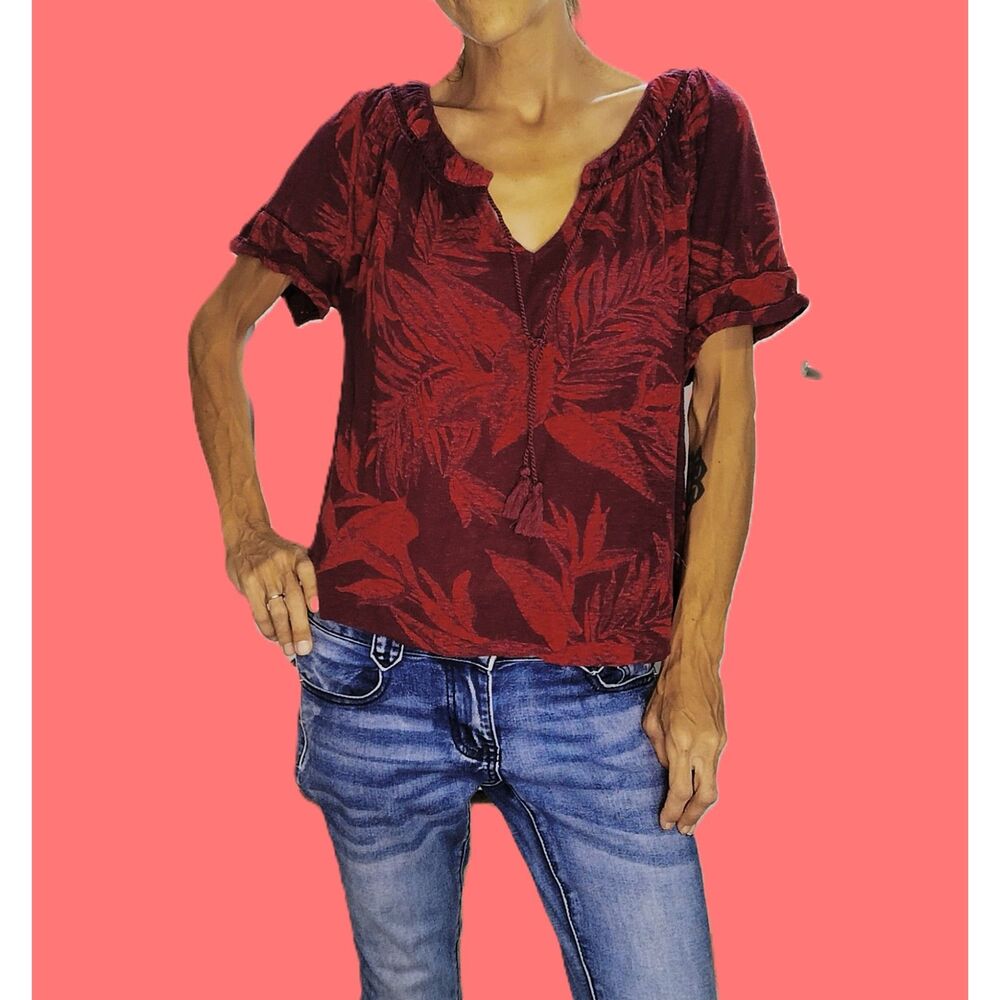 Lucky Brand ~ Plum Pink Floral Boho Tassel Tie Top ~ Medium